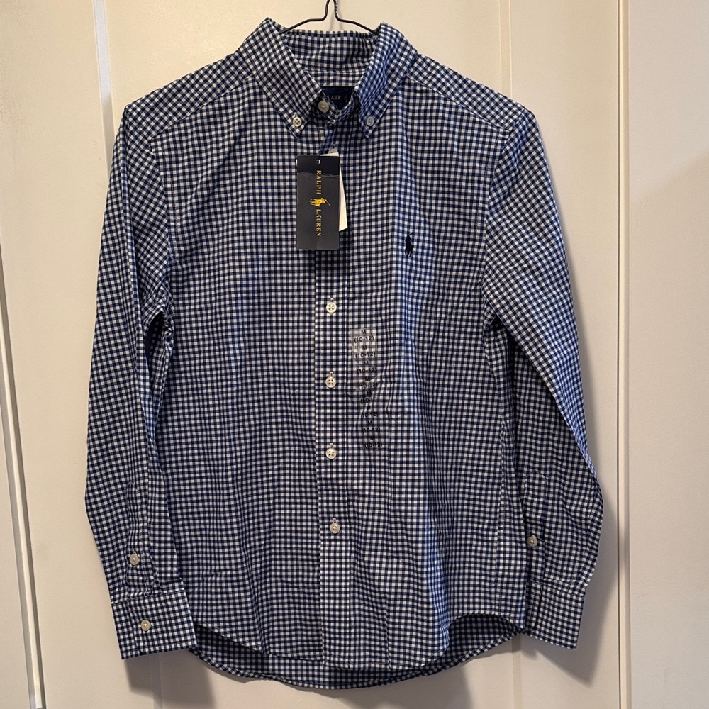 Ralph Lauren Boys Navy Checkered Button Down Shirt size M 10/12 NWT